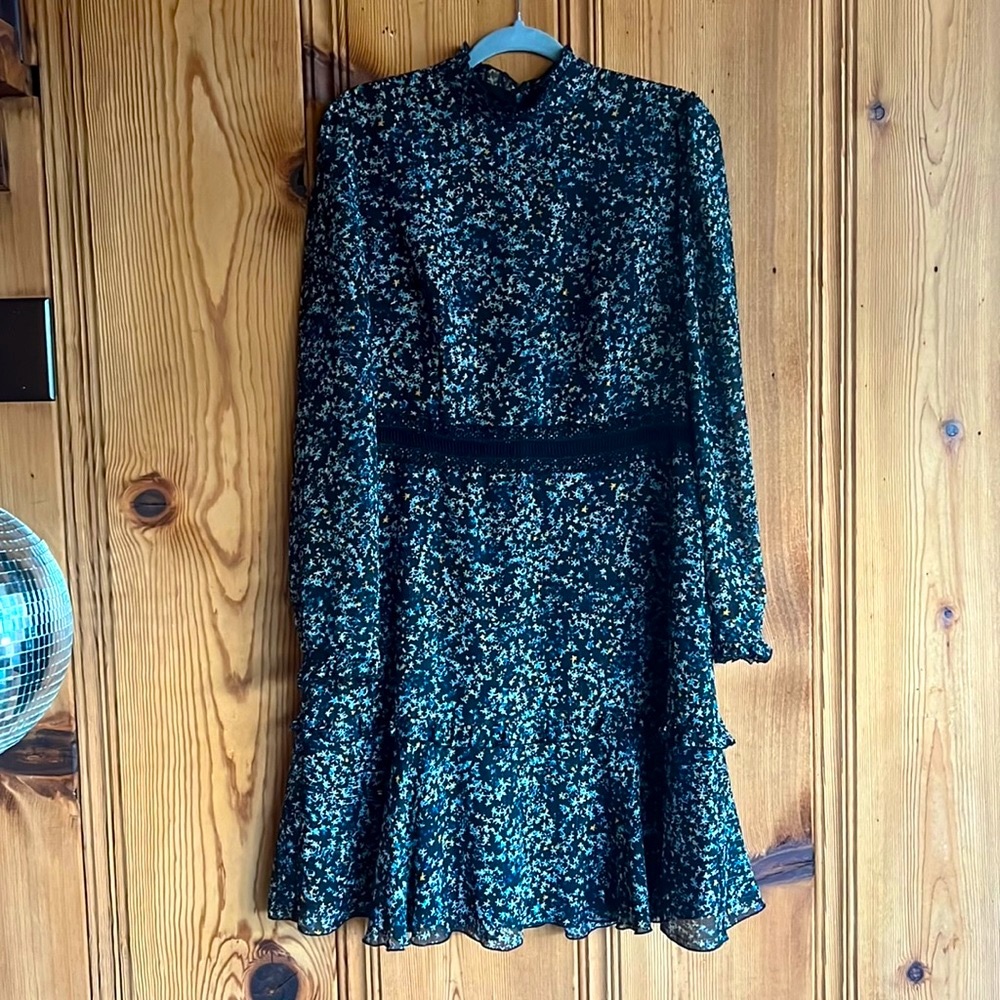 BLACK FLORAL EVENING DRESS with peak-a-boo belt line and 70s vibe